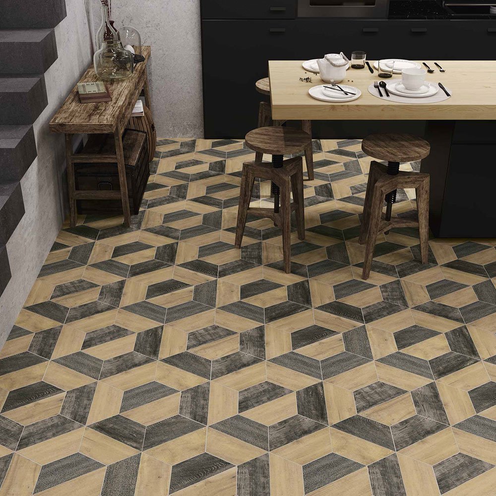 Hexagon Klinker Trapez Wood Beige-Svart Matt 29x33 cm Hexagon Klinker Trapez Wood Beige-Svart Matt 29x33 cm